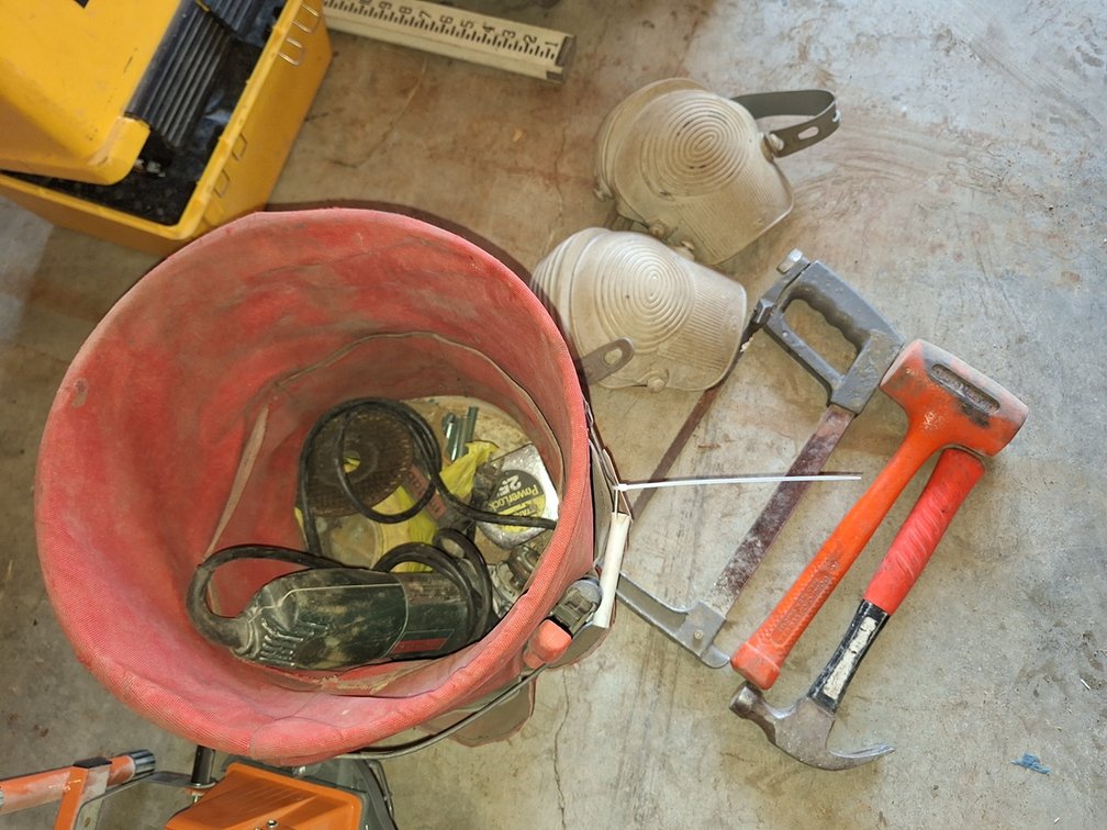 Pail with Assorted Tools, Kneepads