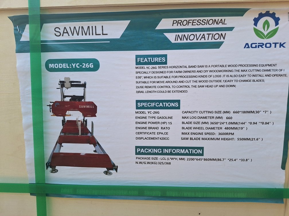 2026 AGT Portable Sawmill, Model YC-26G, Unused