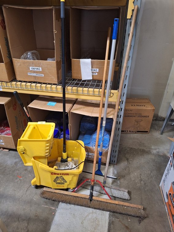 Rubbermaid Mop Bucket on Wheels with Mop, Brooms, Squeegee