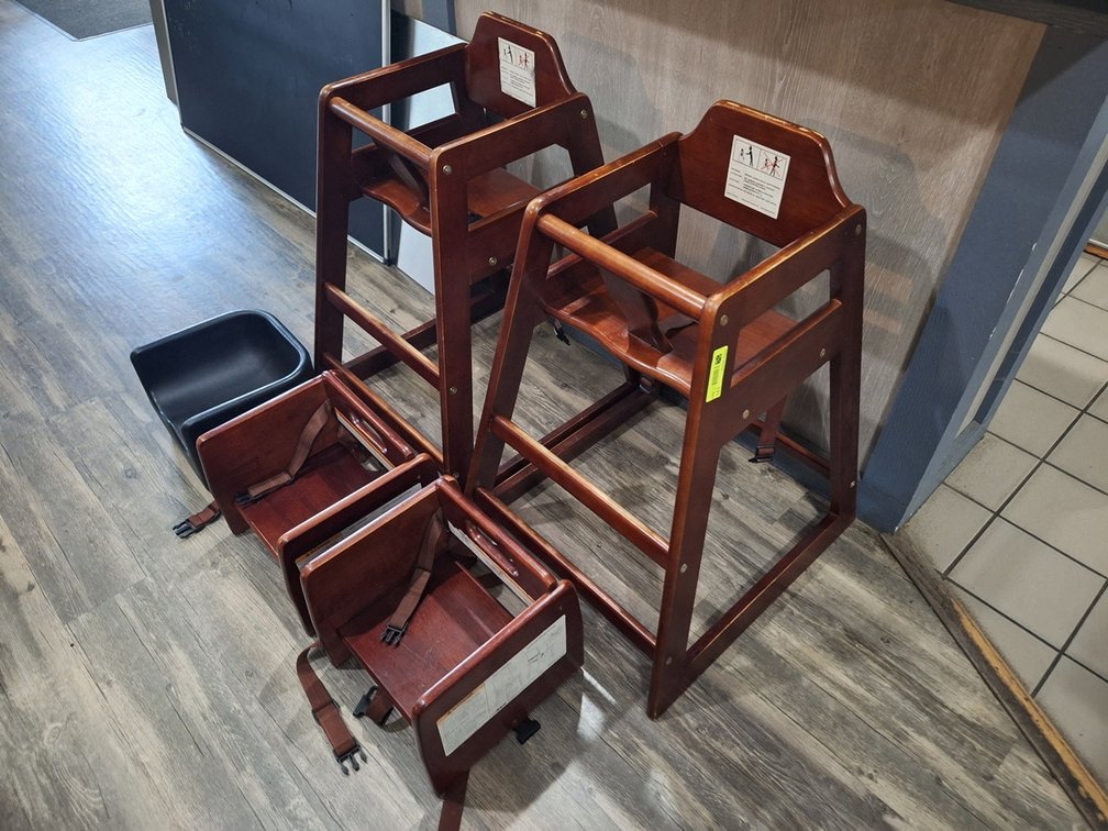 2 Wood High Chairs, 2 Wood Booster Seats