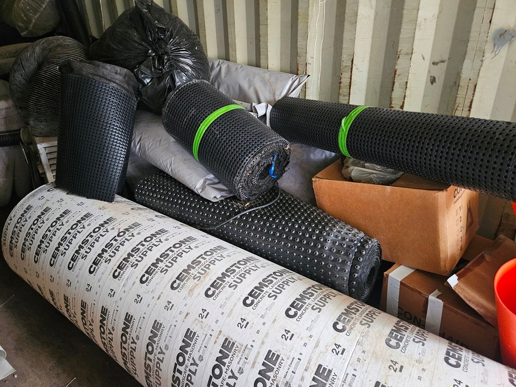 Assorted Construction Material, Tube Forms, Insulation, Drain Tile, Water Barrier Material, More