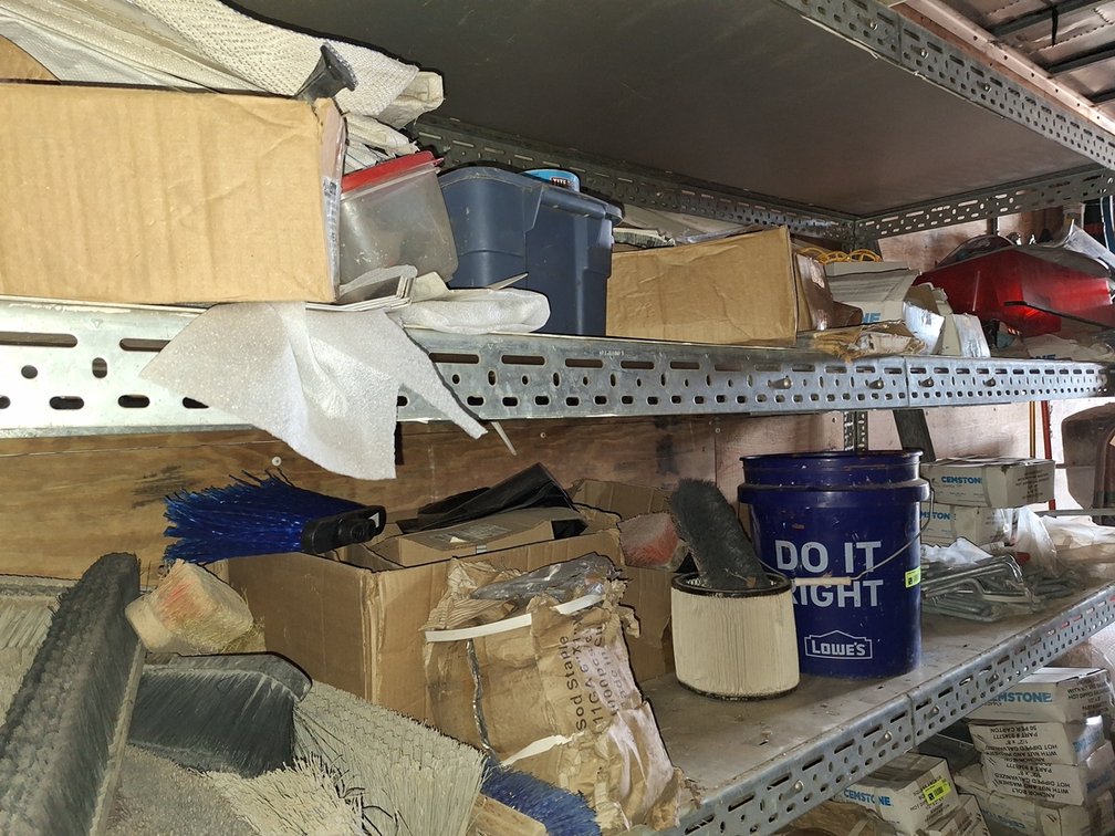 Assorted on 2 Shelves, Broom Heads, Anchor Bolts, More