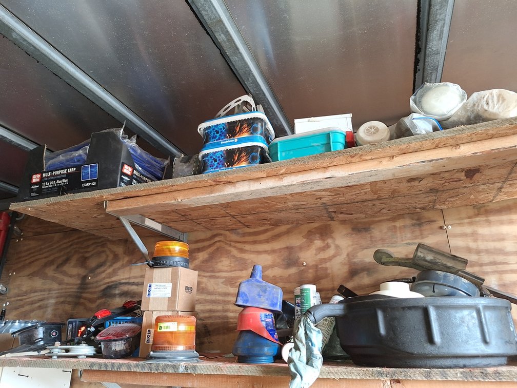 Assorted on 2 Shelves, Tarps, Trailer Lights, More