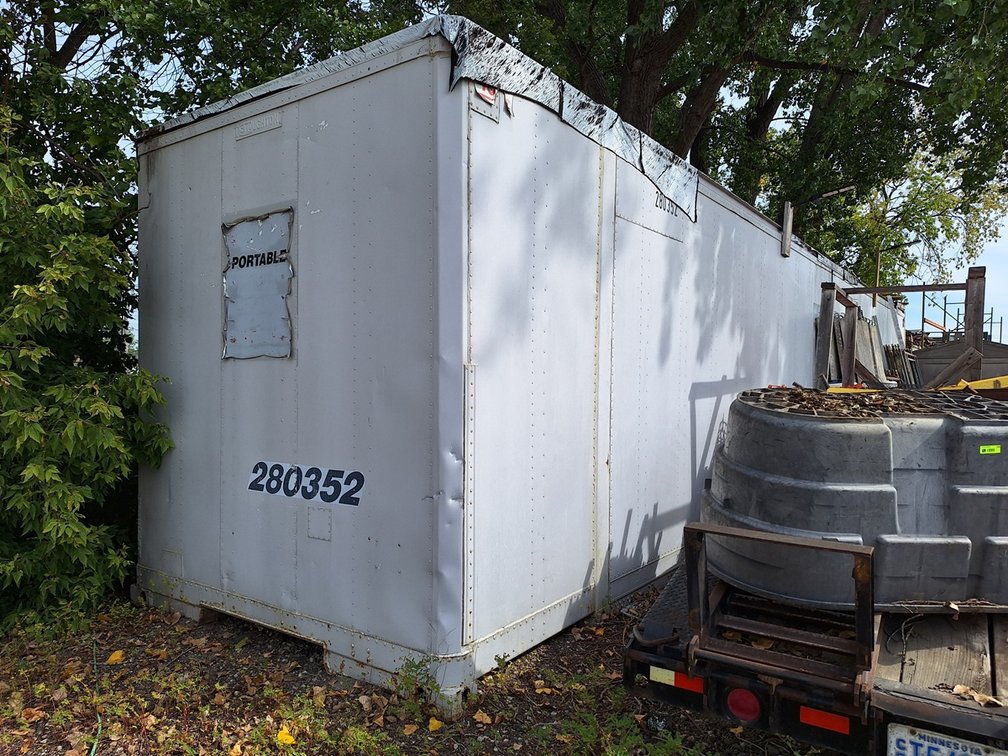 Semi Trailer Storage Box, 48'x8'x8.5', Wood Shelving Inside