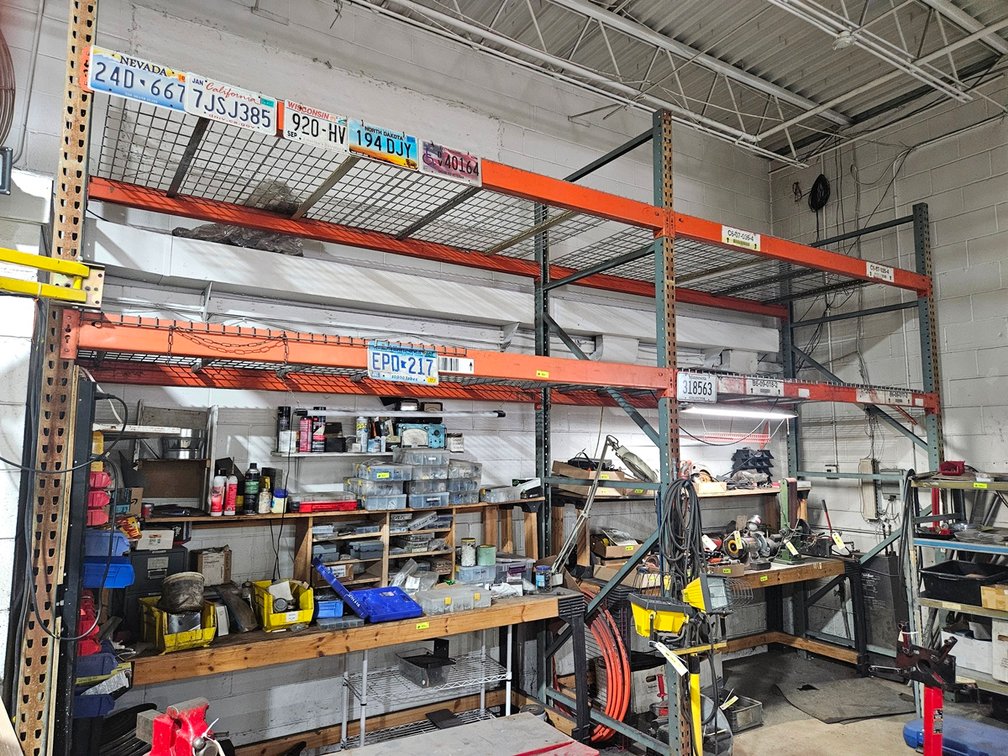 Pallet Racking: 3 Uprights 12'x48", 8 - 8' Crossbars, Wire Grid Decking