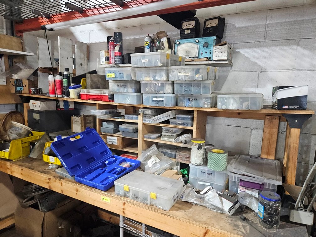 Assorted Contents On and Around Work Bench, Automotive Hardware, More