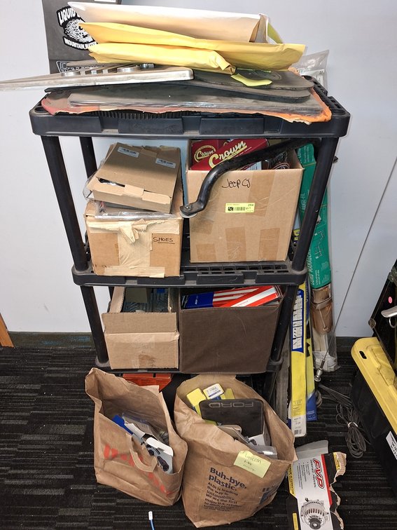 Assorted Car Parts with Shelf, Jeep CJ, Shoes, Mud Flaps, More