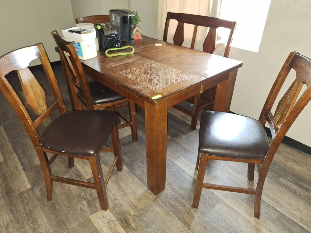 Wood Dining Table with 5 {added High Top Chairs, 60"x40"x36", with Leaves