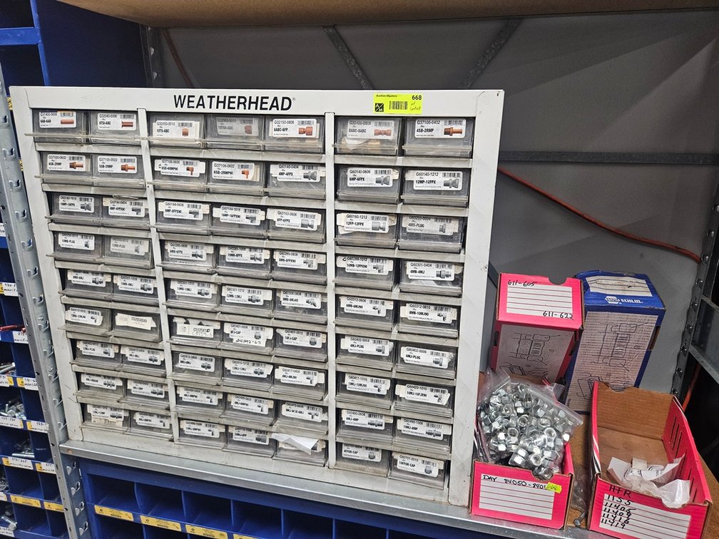 Cabinet 30"x9"x25" with Contents, Weatherhead Fittings and More