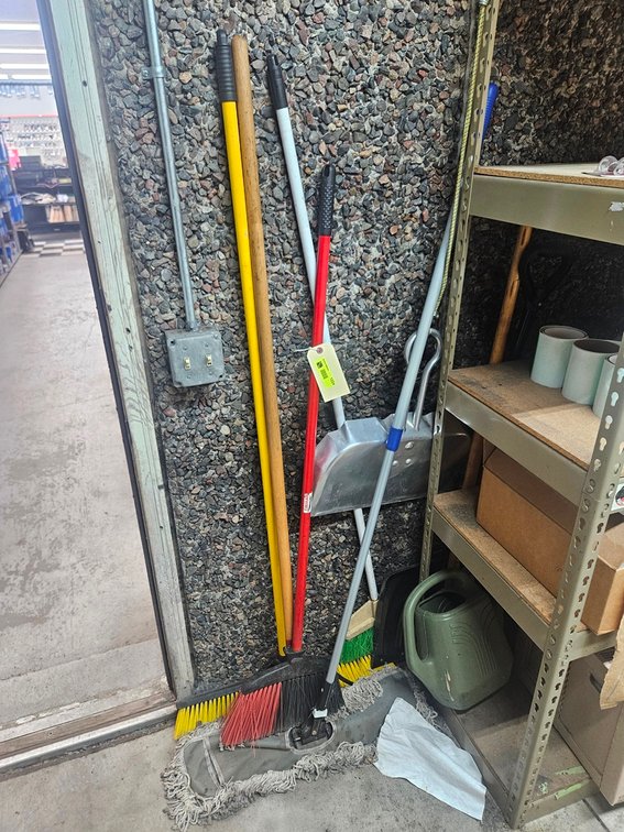 Assorted Brooms, Dust Pans