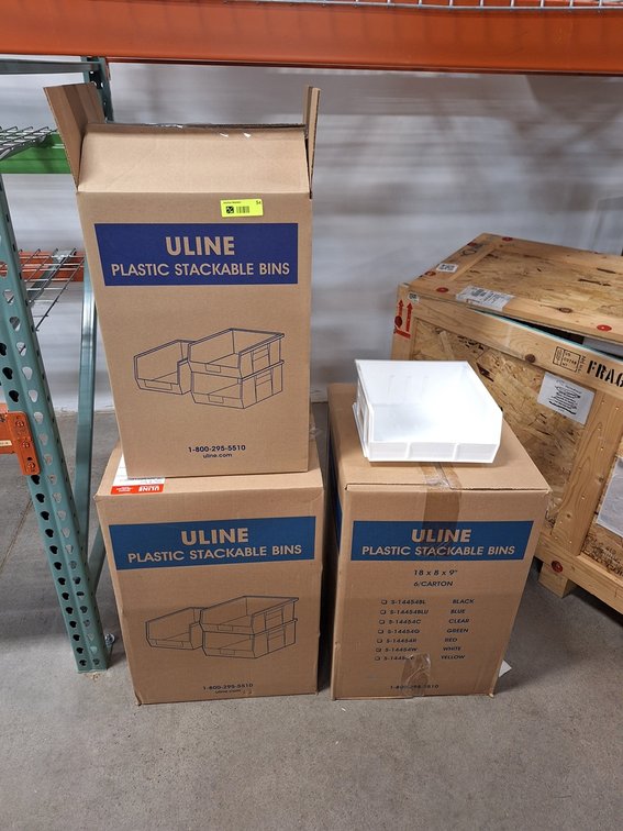 2 Boxes Uline Plastic Stackable Bins, 18"x18"x9", 11"x11"x5"