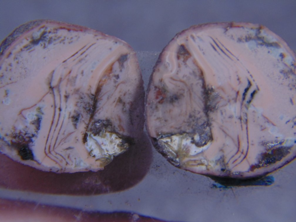 A pair of face polished Copper Replacement Agate halves on an acrylic stand, 28.9 grams