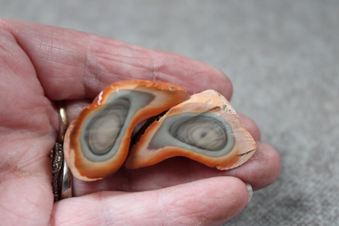 Two halves of Royal Imperial Jasper, 1.1 ozs