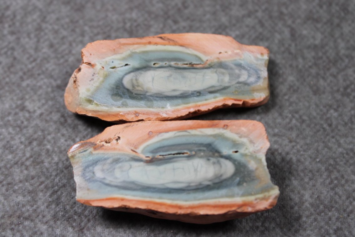 Two halves of Royal Imperial Jasper, 1.8 ozs
