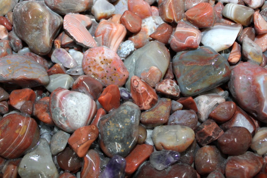 A 11 lb 4 oz flat of Lake Superior Agates. The agates have gone through the first stage of tumbling giving them a satin look. They can be left as is or put back in a tumbler for a polished finish