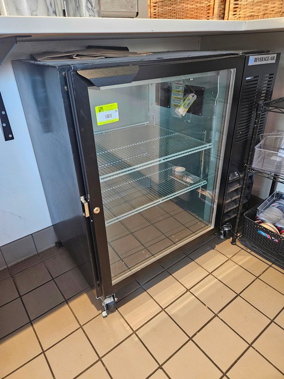 Beverage Air Backbar Cooler on Wheels, Model BB36HC-1-G-B, Serial 14401387, 115V, 36"x24"x36"