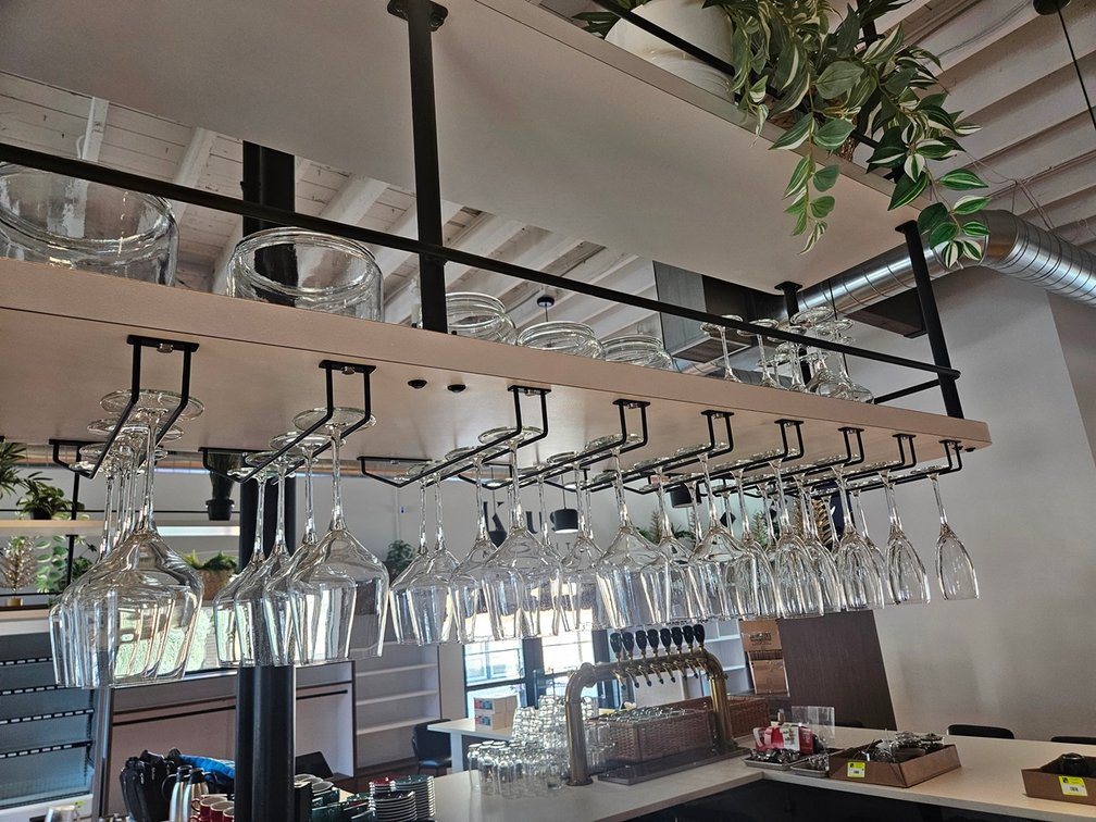 All Assorted Stemware, On Bar and on Shelf, Glass Containers