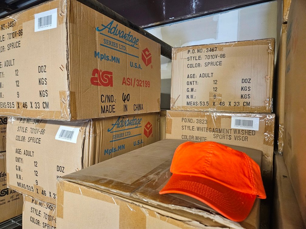 23 Cases Assorted Hats, 144 Per Case, Colors include Spruce, Orange, Gold, Navy, White, More