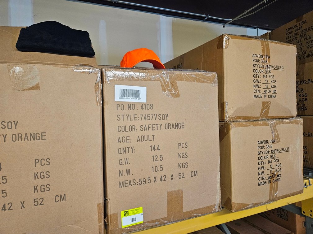 15 Cases Assorted Hats, 144 Per Case, Colors include Black (9 cases stocking hats), Safety Orange