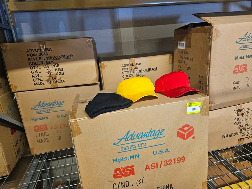 12 Cases Assorted Hats, 144 Per Case, Colors include Black (8 cases stocking hats), Red, Gold, White (Visors), More