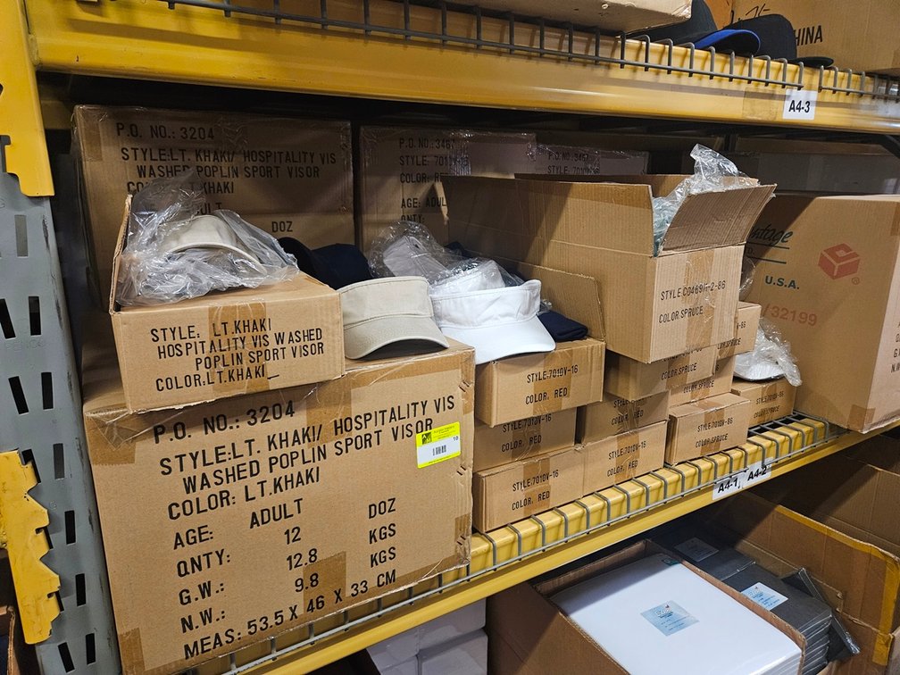 Approx. 11 Cases Assorted Hats, 144 Per Case, Colors include White (Visors), Red (Visors), Spruce (Visors), Khaki (Visors), Khaki/Black, More