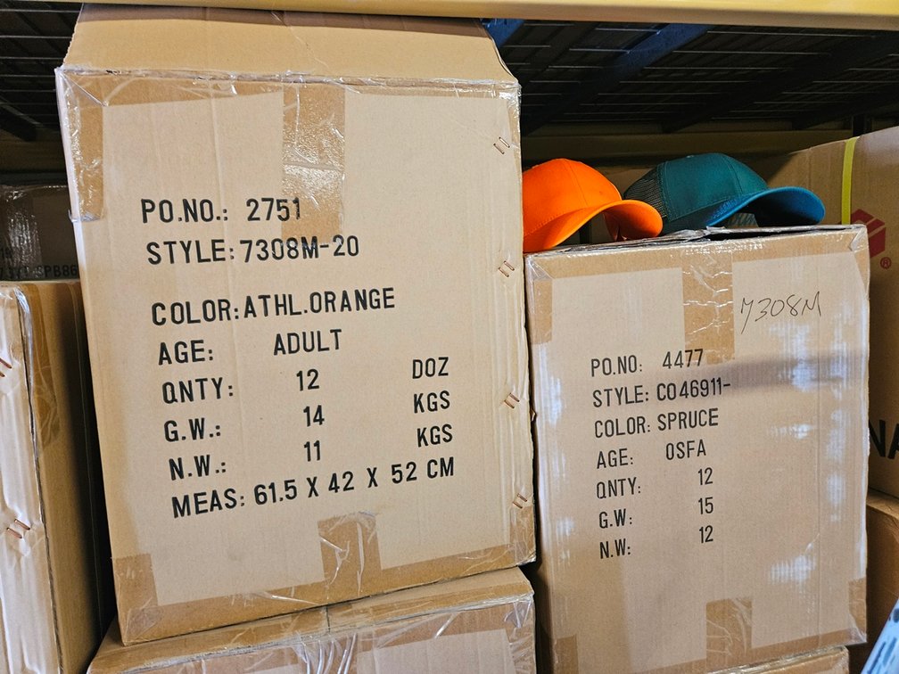 20 Cases Assorted Hats, 144 Per Case, Colors include Athl. Orange, Black/Gold, Spruce, Spruce/Navy, White, More