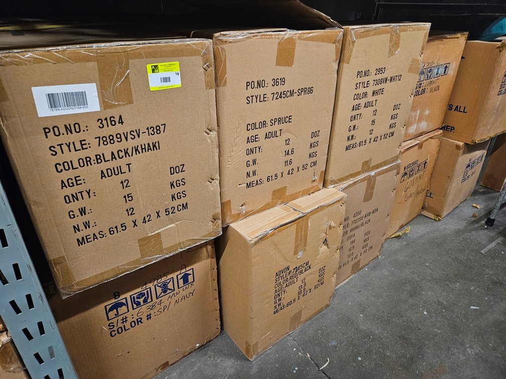 19 Cases Assorted Hats, 144 Per Case, Colors include Khaki/Maroon, Black, White, Khaki/Black, Spruce, Red/Black, More