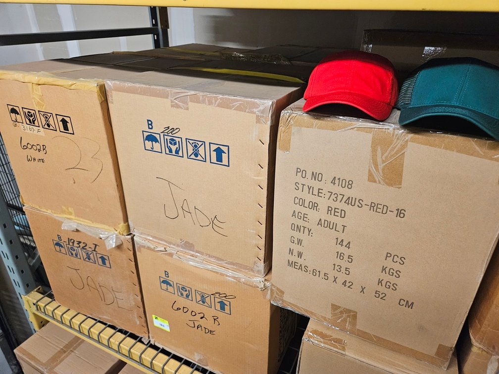 20 Cases Assorted Hats, 144 Per Case, Colors include Black/Gold, Spruce, Turquoise, Lt Blue, Red, Jade, More