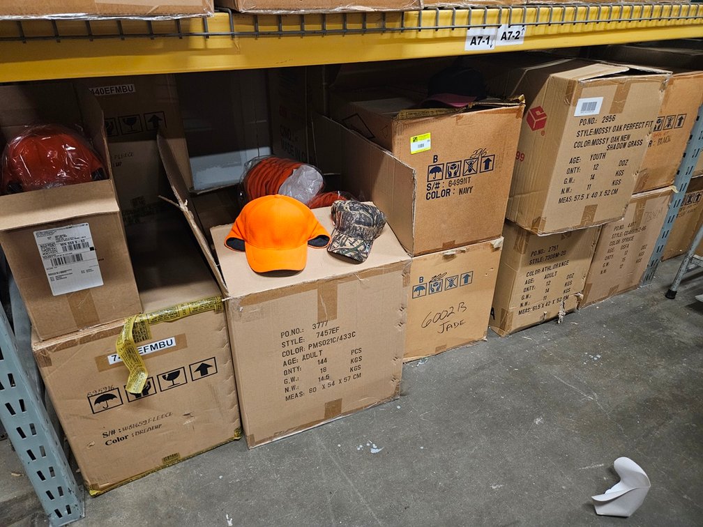 16 Cases Assorted Hats, 144 Per Case, Colors include Spruce, Black, Mossy Oak, Athl. Orange, Navy, Jade, More