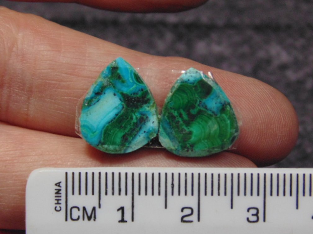 A pair of matching teardrop Malachite/Chrysocolla cabs, weighs 3.4 grams