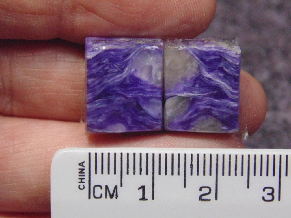 A pair of matching square Lepidolite cabs, weighs 4.9 grams