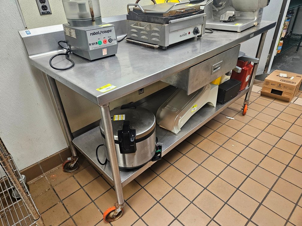 SS Table with Undershelf and Backsplash on Wheels, 72"x30"x36"
