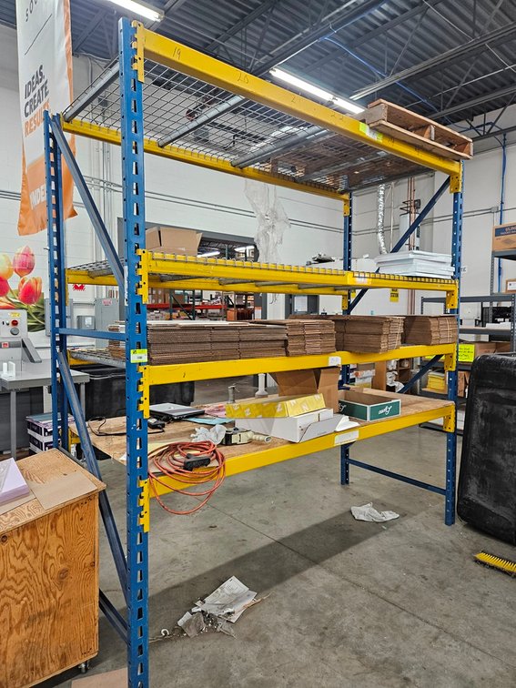 Pallet Racking, 2 Uprights 108"x42", 8 - 96" Crossbars, Wire Grid and Plywood Decking
