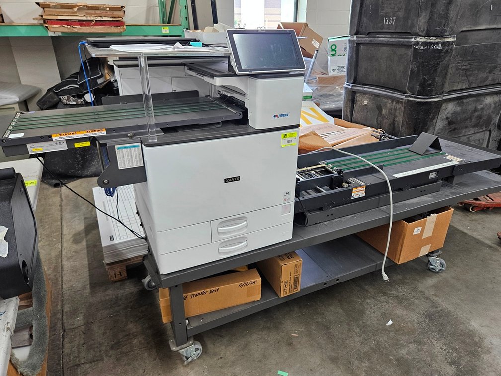 Xante EN/Press Printer Serial 52286870007, IQ #DAB82E80 with Feeder Serial ENF-1305 and Metal Stand on Wheels 84"x27"x22"
