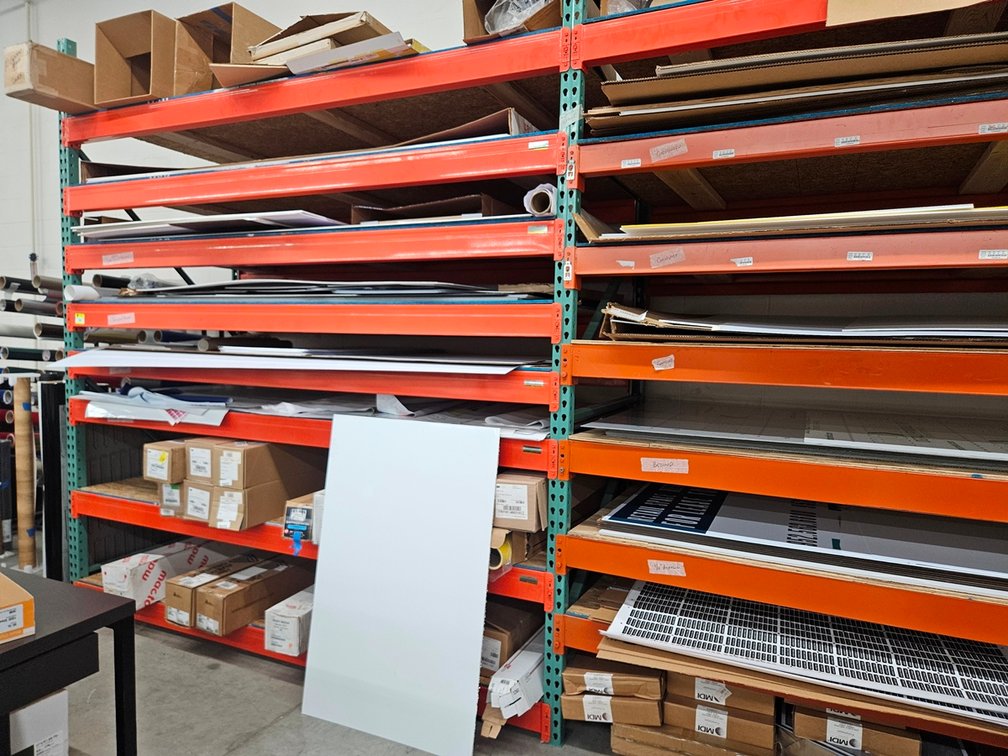 Pallet Racking, 3 Uprights 120"x48", 30 - 108" Crossbars, Wood Decking