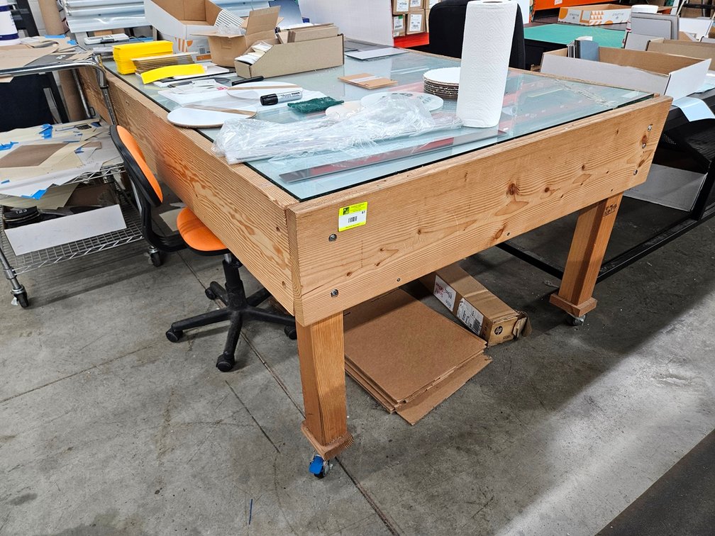 Wood/Glass Top Table on Wheels, 99"x52"x36"