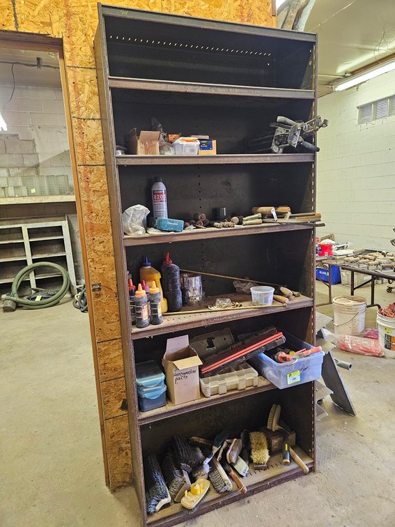 Metal 6 Tier Shelf 37"x13"x84" with Contents, Shop Supplies, More