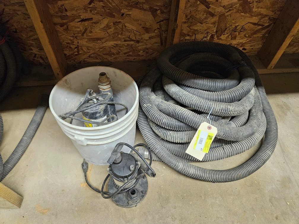 2 Assorted Sump Pumps and Hose