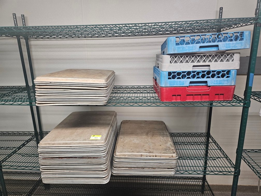 51 Aluminum Full Sheet Pans, 4 Assorted Dish Racks