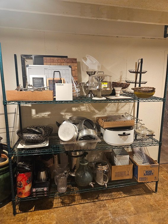 Wire Shelf with Contents, Air Pots, Beverage Dispensers, Baking Pans, More