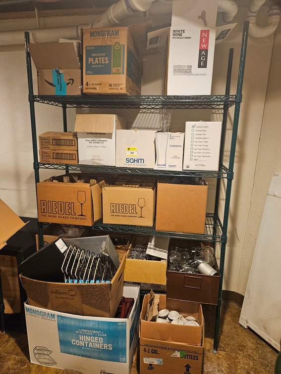 Wire Shelf with Contents, Glassware, Dispensers, Table Menus, More