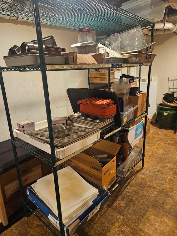 Wire Shelf with Contents, Vases, Cutting Boards, Baking Pans, More