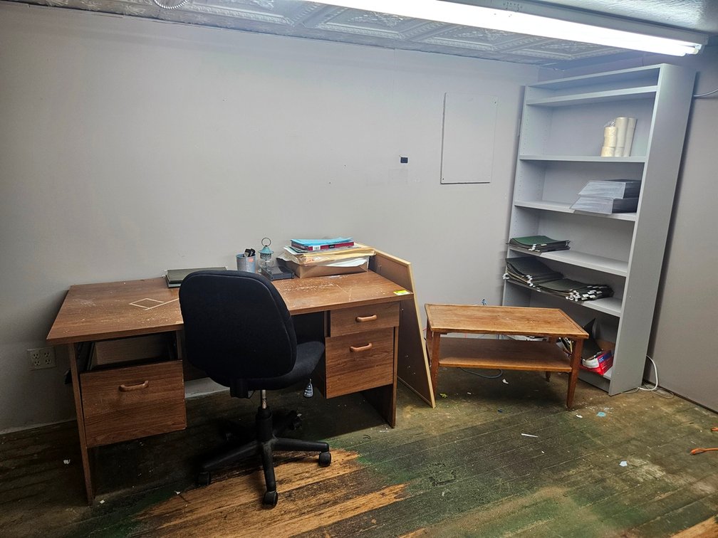 Wood Desk, Office Chair, Bookcase, Coffee Table