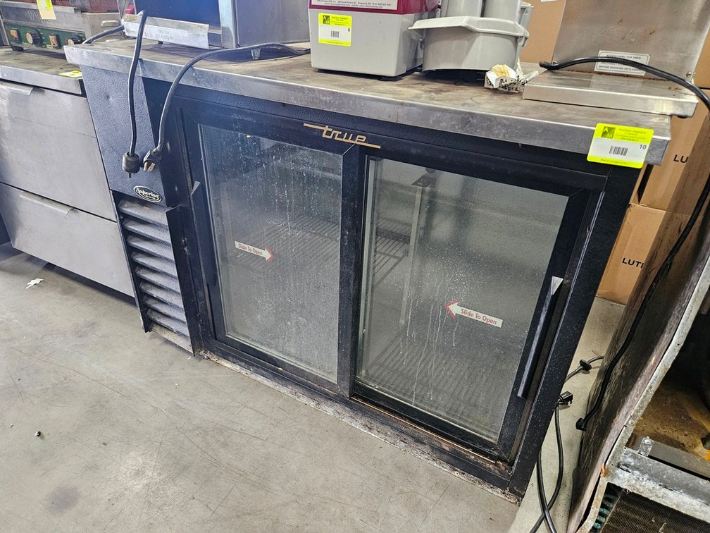 True Glass Door Backbar Refrigerator with SS Top, Model TBB-24-480-8D, 115V, 48"x24"x36"