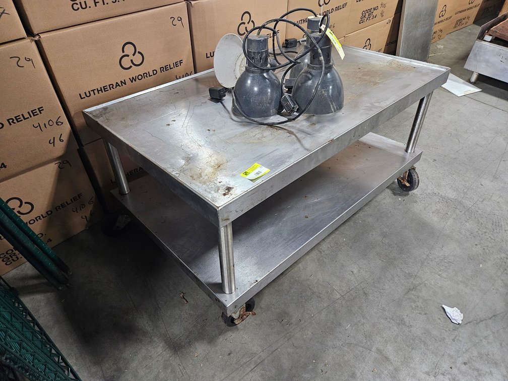 SS Equipment Stand with Undershelf on Wheels (1 wheel broken), 49"x30"x26"