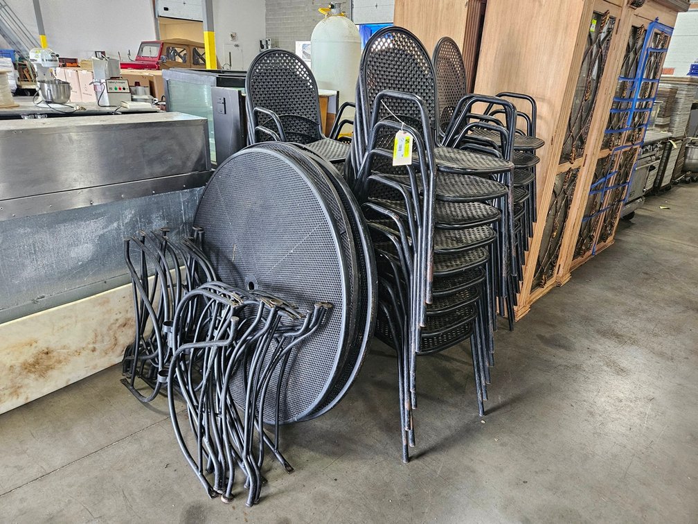7 Metal 44" Patio Tables with Legs and 28 Metal Patio Chairs