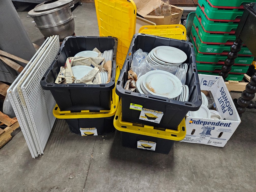 4 Poly Totes and Box Assorted Dishes, More