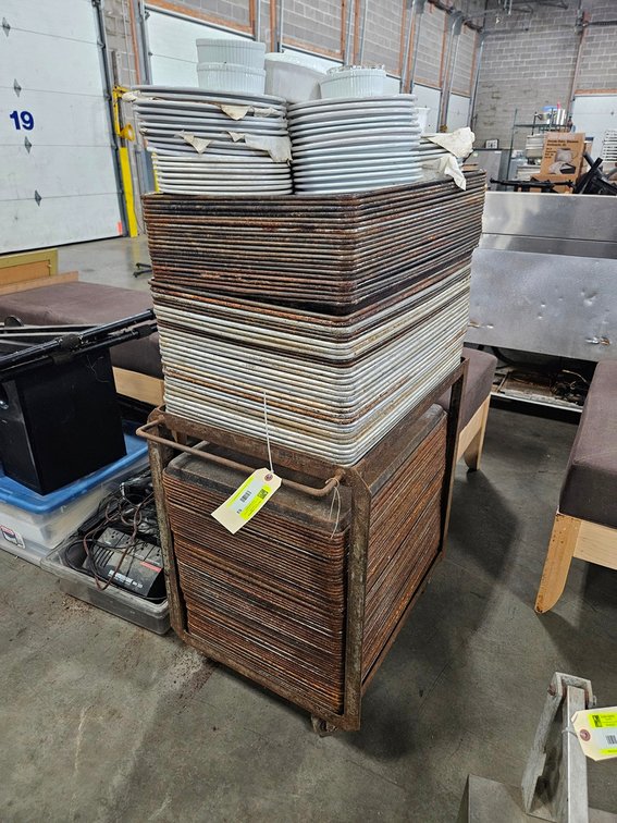 Approx. 125 Sheet Pans and Assorted Dishes with Cart