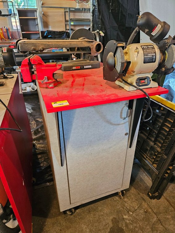 Wood Cabinet on Wheels 24"x36"x43" with Craftsman 42"x6" Belt Sander, Pro-Tech 6" Bench Grinder and 4.5" Vise