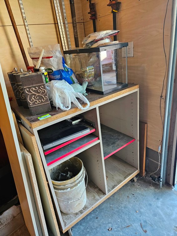 Wood Cabinet on Wheels, Clamps, T-Square, Lawn and Garden Supplies, Aquarium, More
